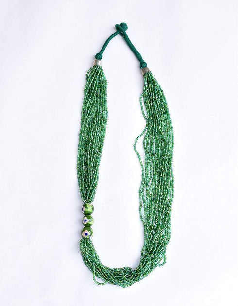 Blue Pottery Three Bead Side Necklace In Green